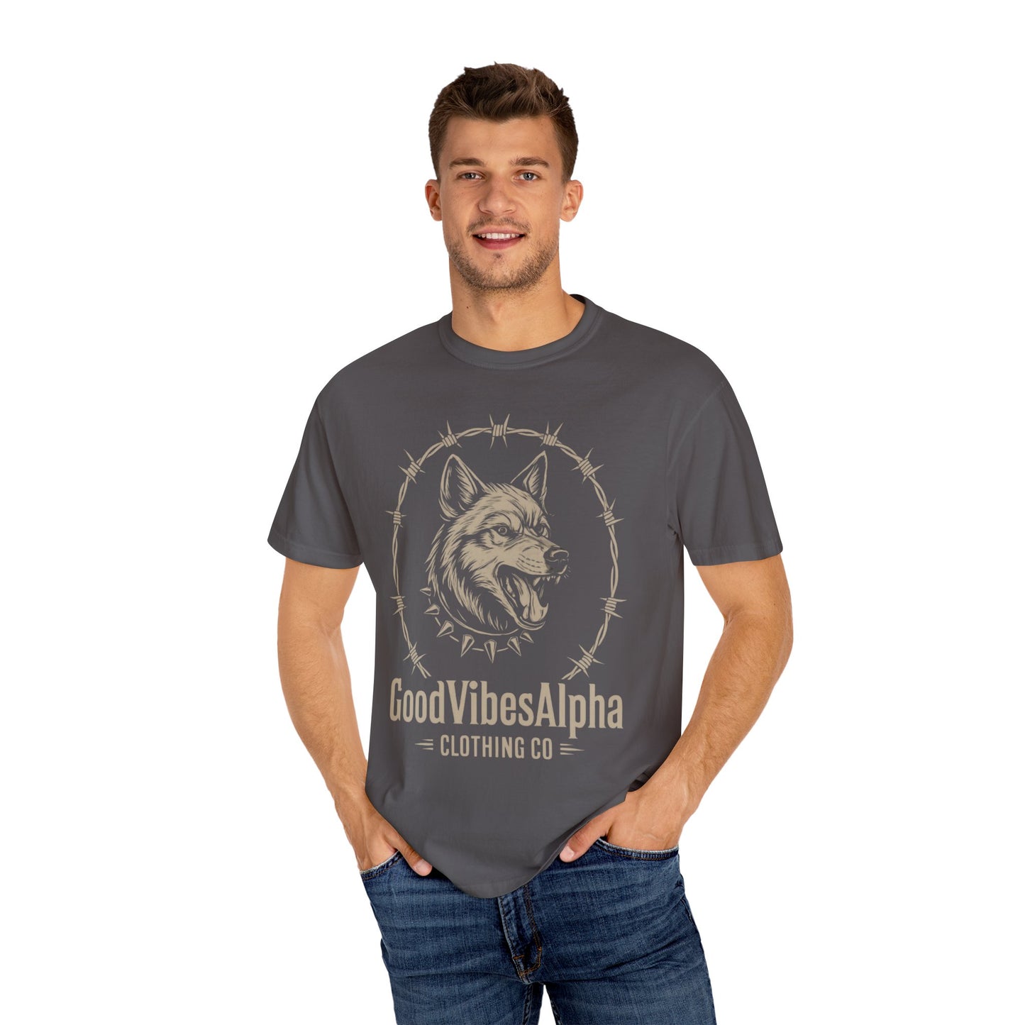 Good Vibes Alpha Wolf Unisex Garment-Dyed T-Shirt – Casual Everyday Fit, Streetwear Vibes, Soft Cotton