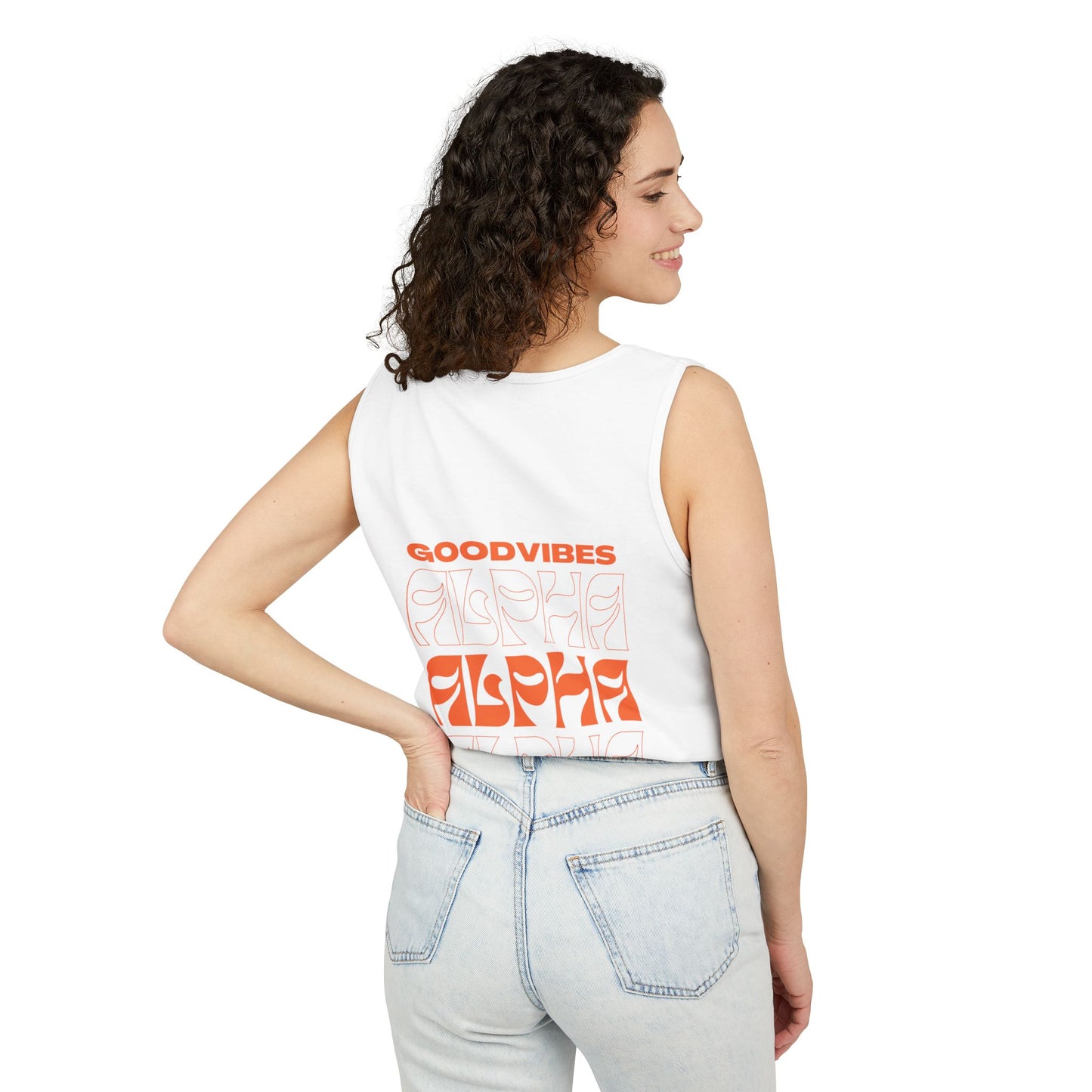 Good Vibes Alpha Orange Unisex Garment-Dyed Tank Top – Summer Style, Casual Wear, Gifts for Him, Athleisure, Relaxed Fit