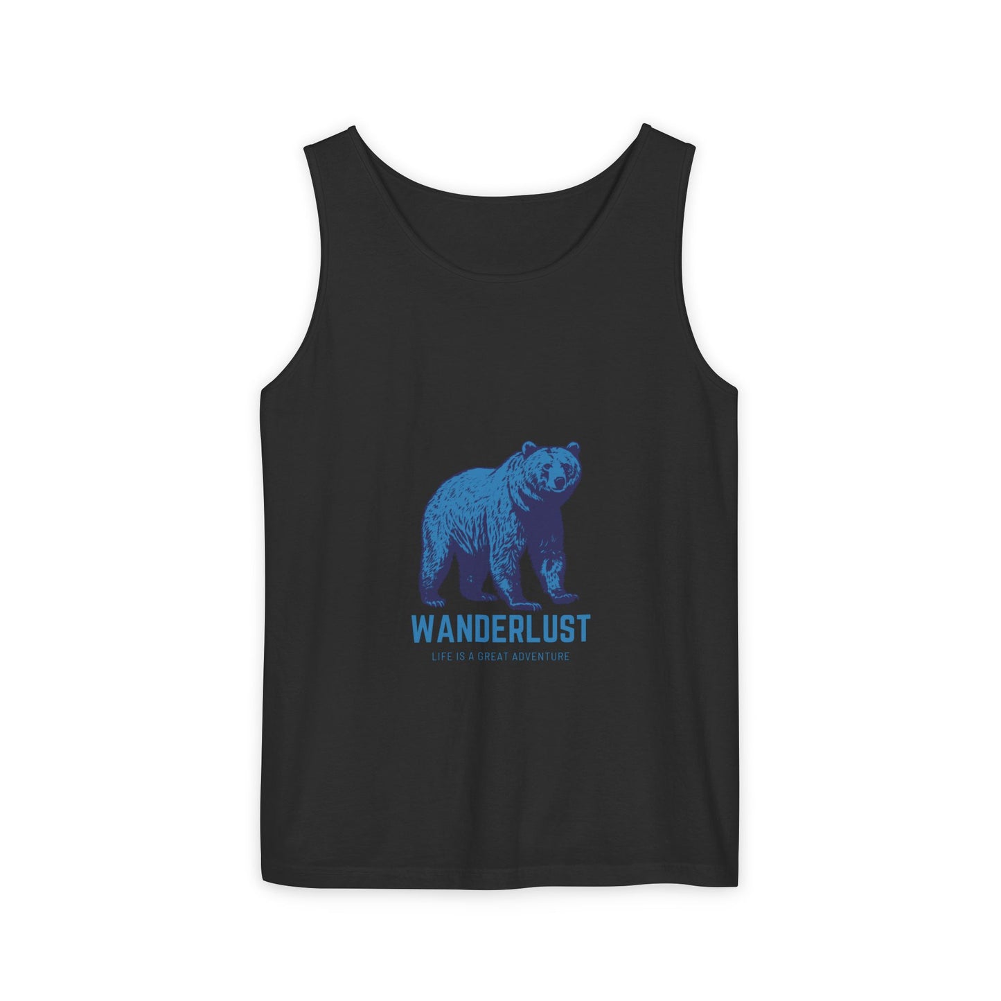 Wanderlust (Blue) Unisex Garment-Dyed Tank Top, Summer Style, Casual Wear, Gifts for Him, Athleisure, Relaxed Fit