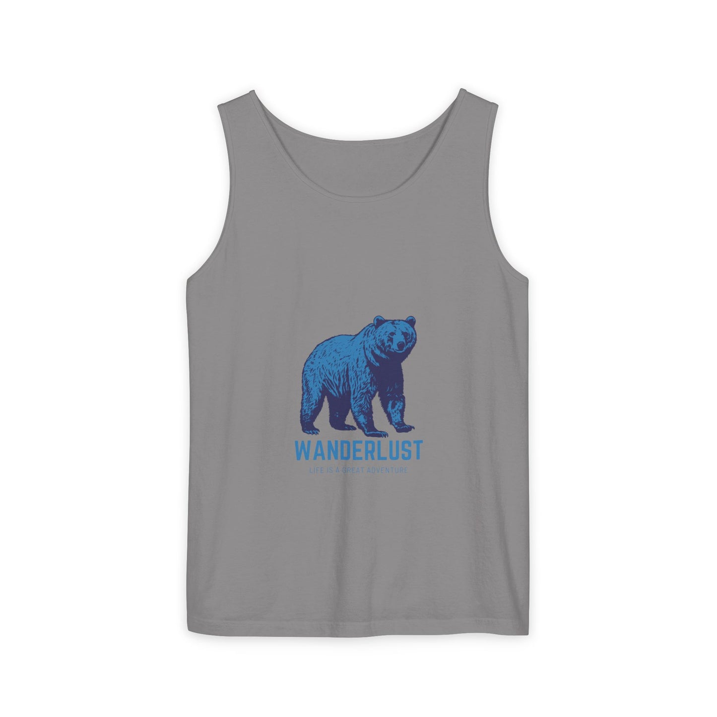 Wanderlust (Blue) Unisex Garment-Dyed Tank Top, Summer Style, Casual Wear, Gifts for Him, Athleisure, Relaxed Fit