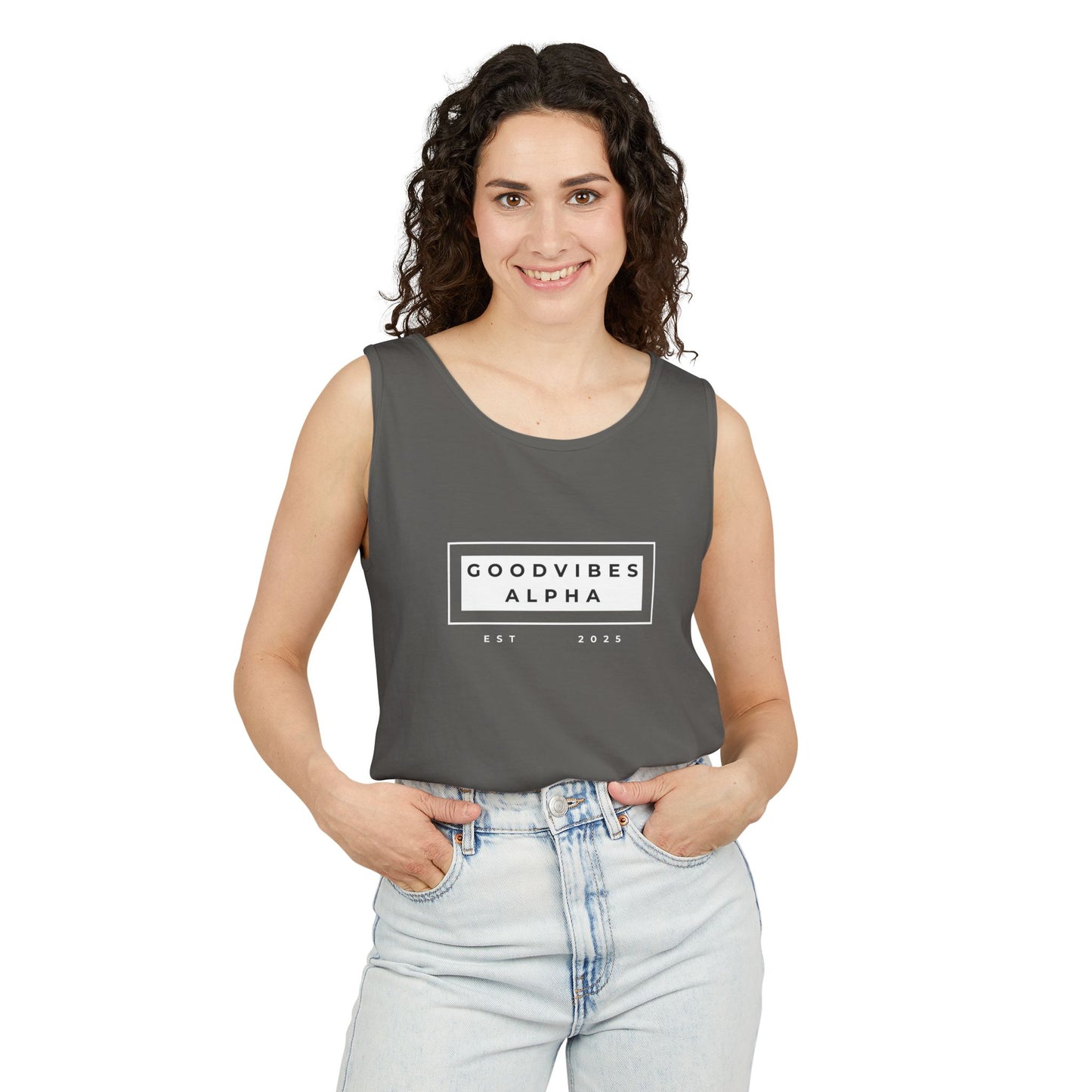 Good Vibes Alpha ESTD25 Unisex Garment-Dyed Tank Top – Summer Style, Casual Wear, Gifts for Him, Athleisure, Relaxed Fit