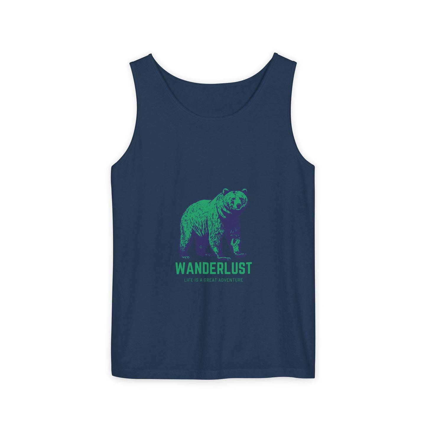Wanderlust (Green) Unisex Garment-Dyed Tank Top, Summer Style, Casual Wear, Gifts for Him, Athleisure, Relaxed Fit