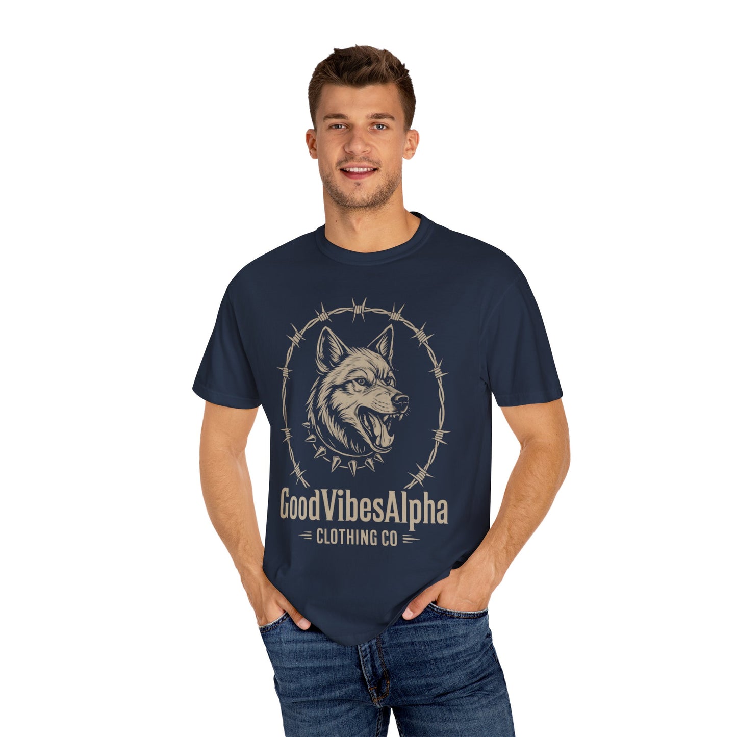 Good Vibes Alpha Wolf Unisex Garment-Dyed T-Shirt – Casual Everyday Fit, Streetwear Vibes, Soft Cotton