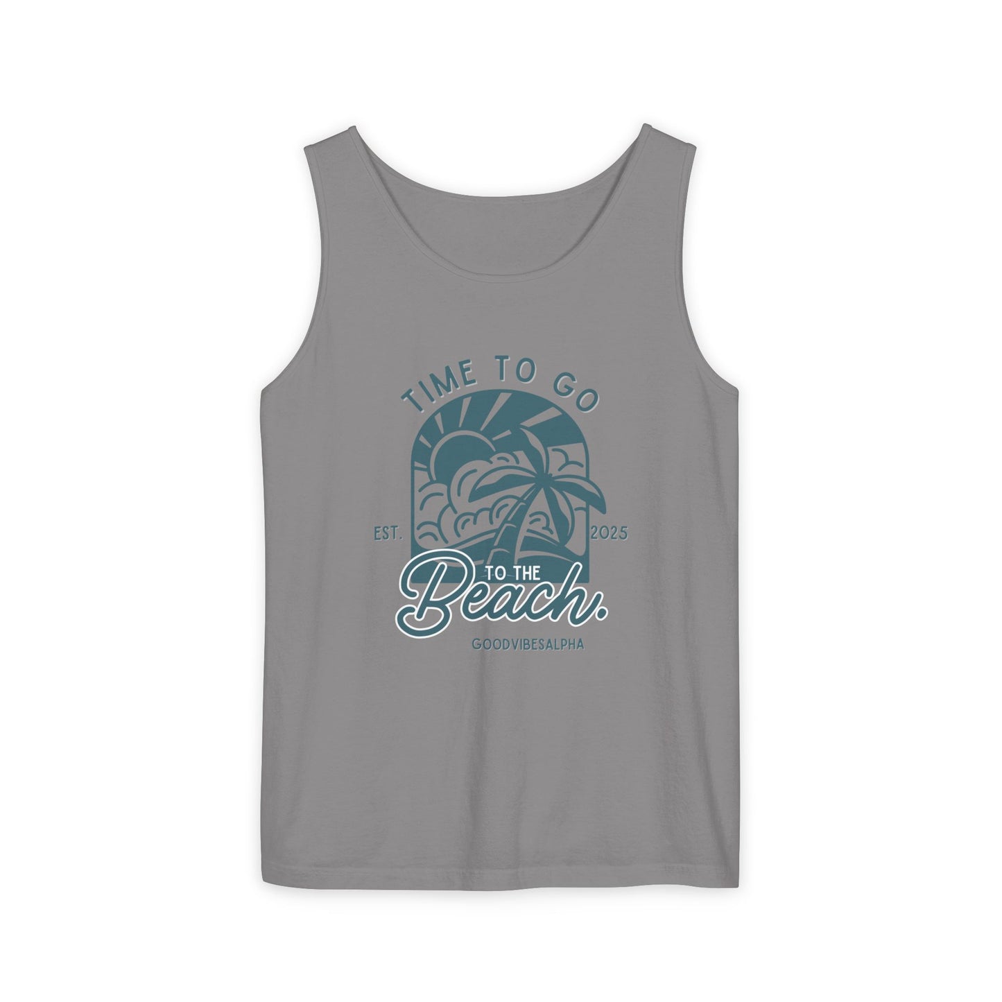 Beach Time (Teal) Unisex Garment-Dyed Tank Top – Summer Fit for Beach Days, Relaxed Casual Wear, Travel Outfit