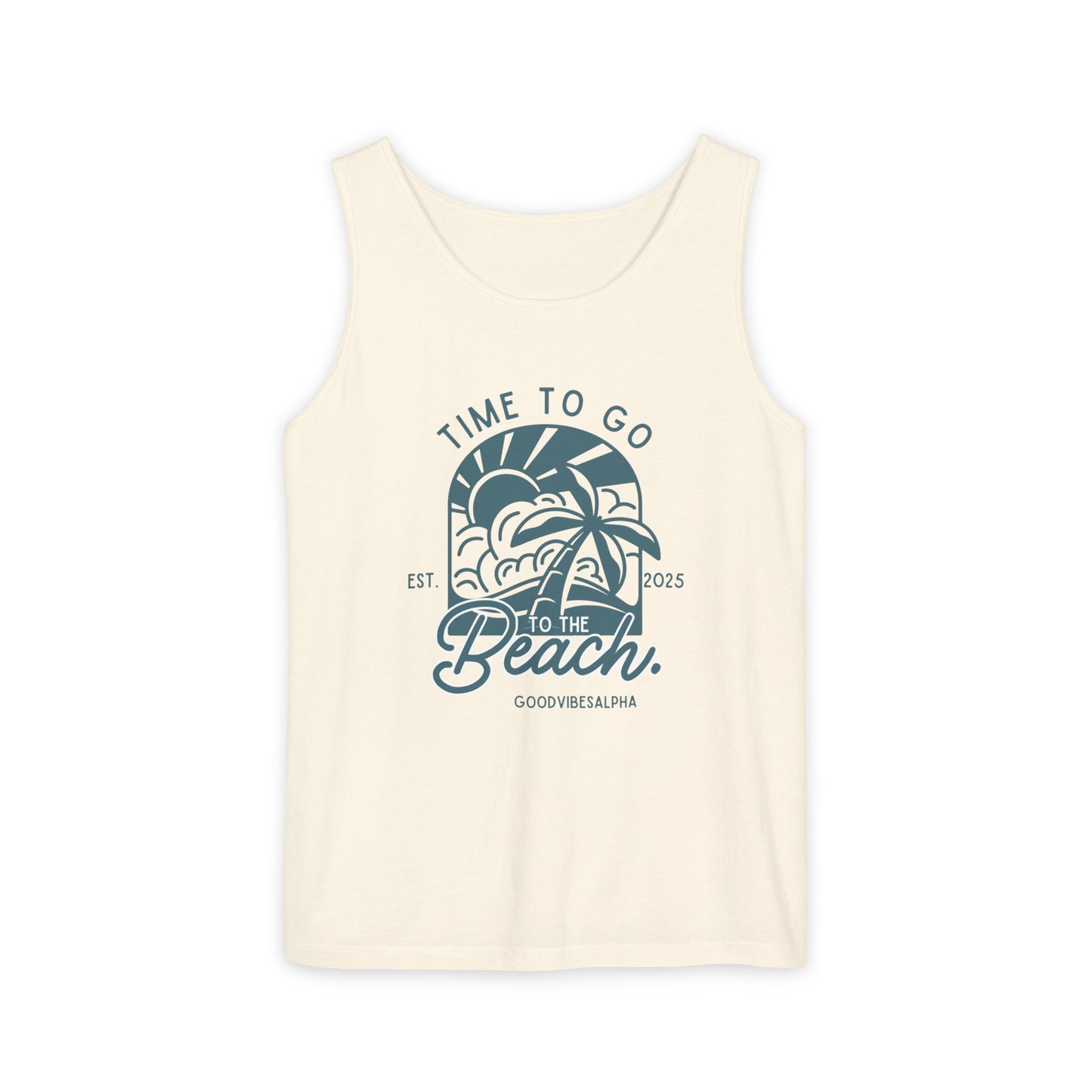 Beach Time (Teal) Unisex Garment-Dyed Tank Top – Summer Fit for Beach Days, Relaxed Casual Wear, Travel Outfit