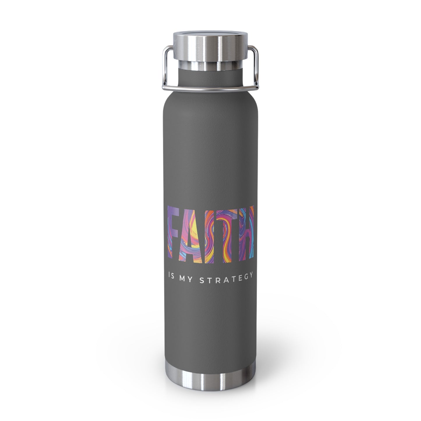 Faith Is My Strategy Insulated Water Bottle β Copper Vacuum 22oz Stainless Steel Bottle with Motivational Design for Hot & Cold Drinks