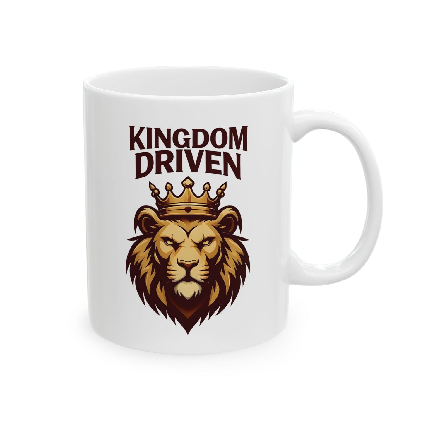 Kingdom Driven White Ceramic Mug – Bold Lion & Crown Design – 11oz & 15oz Coffee Cup