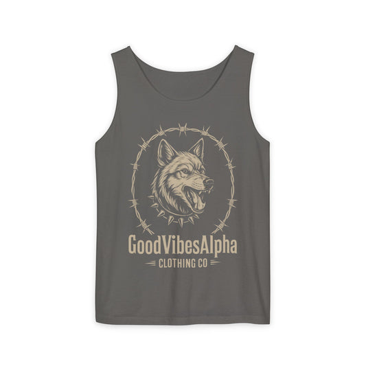 Good Vibes Alpha Wolf Unisex Garment-Dyed Tank Top – Summer Style, Casual Wear, Gifts for Him, Athleisure, Relaxed Fit