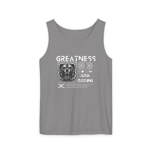 Greatness (White) Unisex Garment-Dyed Tank Top, Summer Style, Casual Wear, Gifts for Him, Athleisure, Relaxed Fit