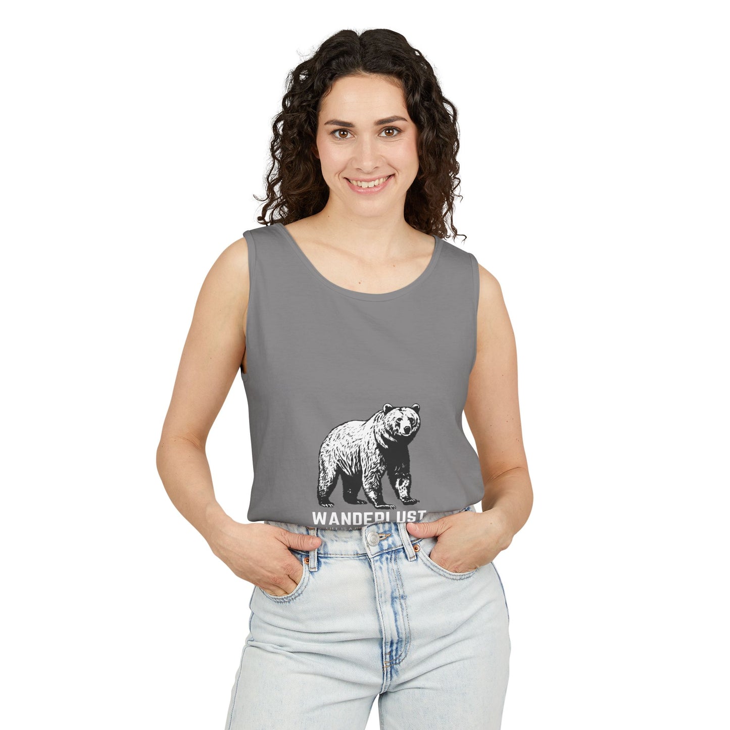 Wanderlust (Black) Unisex Garment-Dyed Tank Top, Summer Style, Casual Wear, Gifts for Him, Athleisure, Relaxed Fit