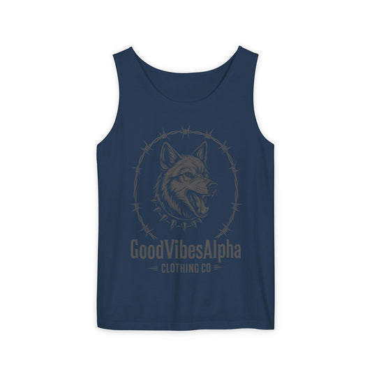 Good Vibes Alpha Wolf (Grey) Unisex Garment-Dyed Tank Top – Casual Wear, Gifts for Him, Athleisure, Relaxed Fit