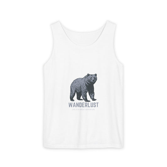 Wanderlust (Grey) Unisex Garment-Dyed Tank Top, Summer Style, Casual Wear, Gifts for Him, Athleisure, Relaxed Fit