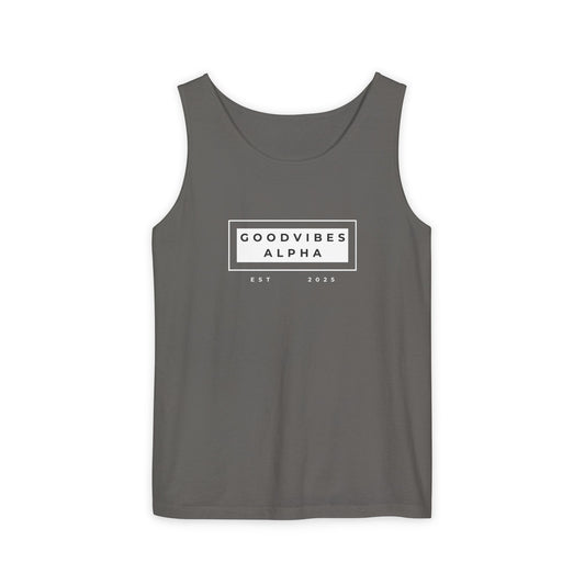 Good Vibes Alpha ESTD25 Unisex Garment-Dyed Tank Top – Summer Style, Casual Wear, Gifts for Him, Athleisure, Relaxed Fit