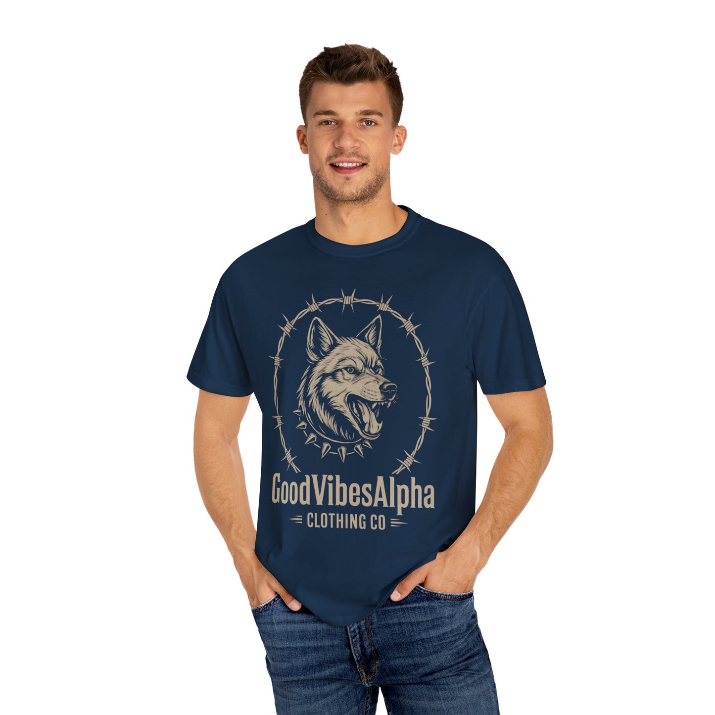 Good Vibes Alpha Wolf Unisex Garment-Dyed T-Shirt – Casual Everyday Fit, Streetwear Vibes, Soft Cotton