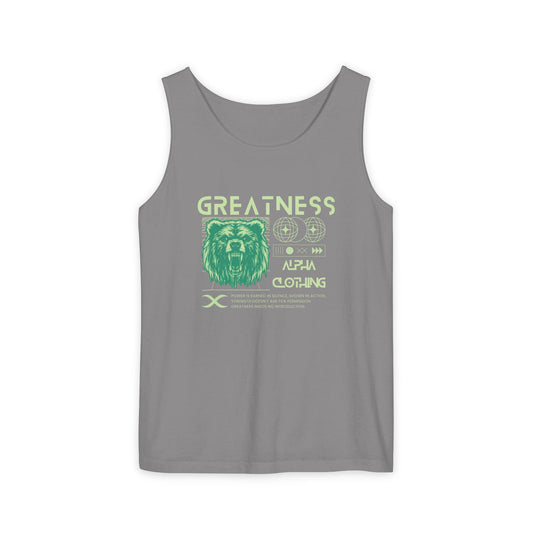 Greatness (Green) Unisex Garment-Dyed Tank Top, Summer Style, Casual Wear, Gifts for Him, Athleisure, Relaxed Fit