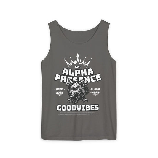 Alpha Presence (Wolf) Unisex Garment-Dyed Tank Top – Summer Style, Casual Wear, Gifts for Him, Athleisure, Relaxed Fit