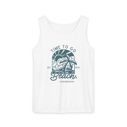Beach Time (Teal) Unisex Garment-Dyed Tank Top – Summer Fit for Beach Days, Relaxed Casual Wear, Travel Outfit
