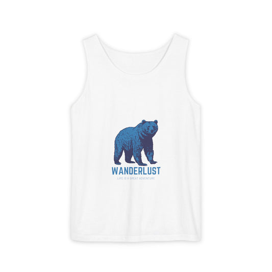 Wanderlust (Blue) Unisex Garment-Dyed Tank Top, Summer Style, Casual Wear, Gifts for Him, Athleisure, Relaxed Fit