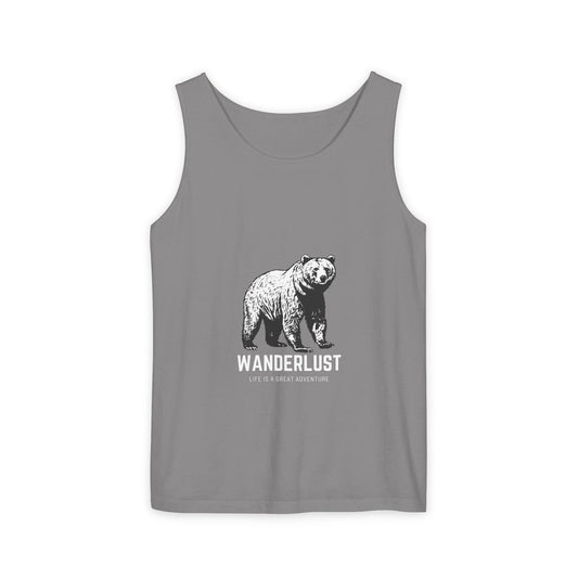 Wanderlust (Black) Unisex Garment-Dyed Tank Top, Summer Style, Casual Wear, Gifts for Him, Athleisure, Relaxed Fit