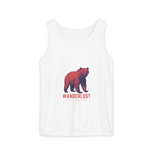 Wanderlust (Red) Unisex Garment-Dyed Tank Top, Summer Style, Casual Wear, Gifts for Him, Athleisure, Relaxed Fit