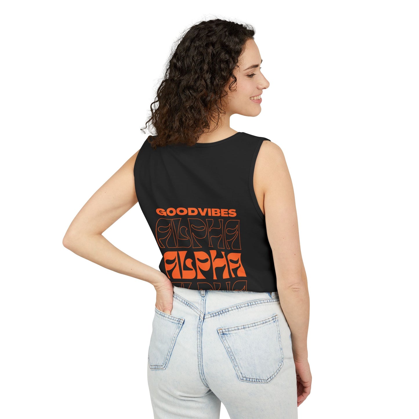 Good Vibes Alpha Orange Unisex Garment-Dyed Tank Top – Summer Style, Casual Wear, Gifts for Him, Athleisure, Relaxed Fit