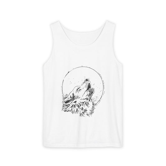 Howling Wolf (Black) Unisex Garment-Dyed Tank Top, Summer Style, Casual Wear, Gifts for Him, Athleisure, Relaxed Fit