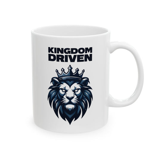 Kingdom Driven White Ceramic Mug – Bold Lion & Crown Design – 11oz & 15oz Coffee Cup