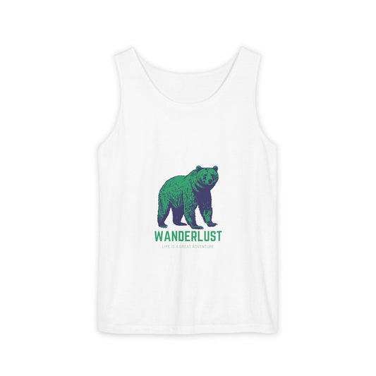 Wanderlust (Green) Unisex Garment-Dyed Tank Top, Summer Style, Casual Wear, Gifts for Him, Athleisure, Relaxed Fit