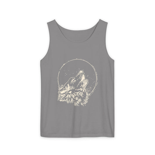 Howling Wolf Unisex Garment-Dyed Tank Top, Summer Style, Casual Wear, Gifts for Him, Athleisure, Relaxed Fit